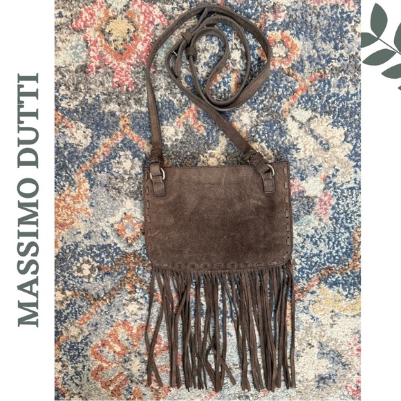Massimo Dutti Brown Suede Fringe Crossbody Bag | Zip Closure | Adjustable Strap - Picture 3 of 10